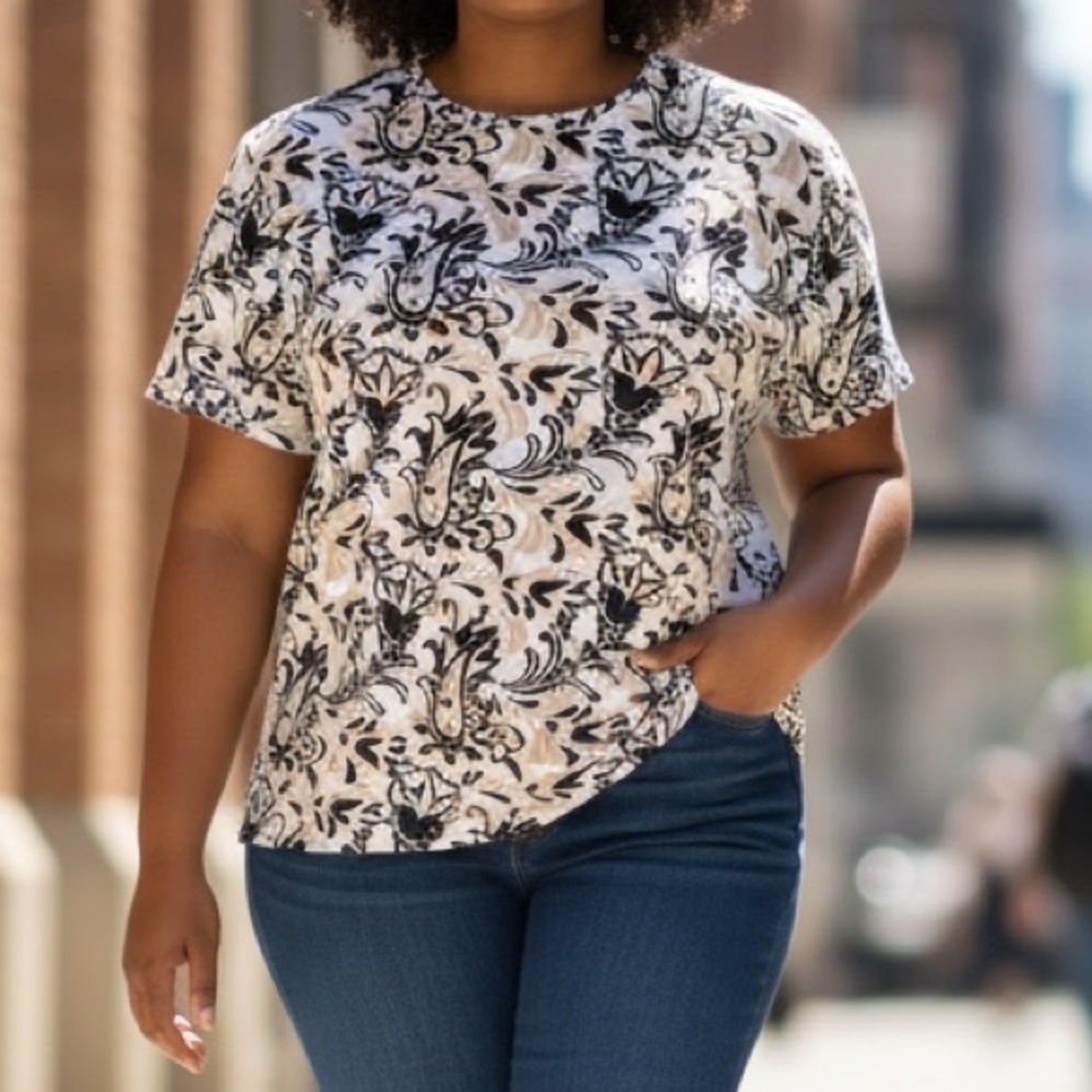 Charter Club 2X Black/White/Deep Tan Tee Abstract design Short Sleeve cotton